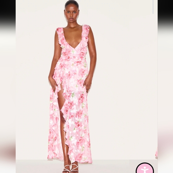 NWY PrettyLittleThing Pink Floral Chiffon Frill Plunge Strappy Maxi Dress - Picture 1 of 6
